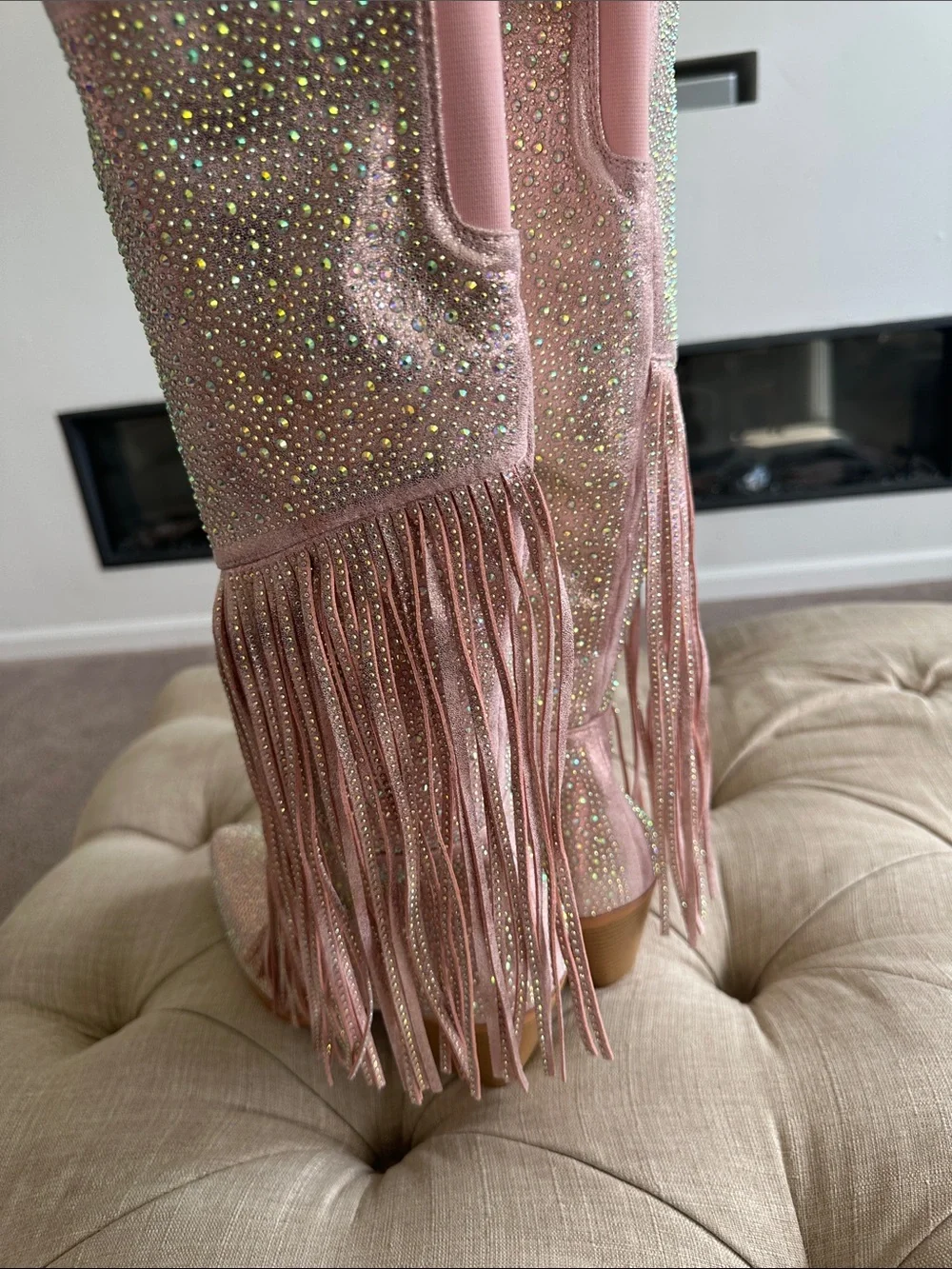 Fashion Nova Pink Rhinestone Fringe Western Boots